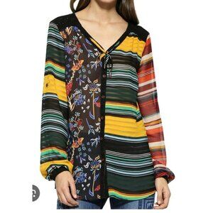 Desigual Blouse Large Floral Striped Mixed Print Button-Up Boho Maximalism